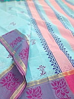 Light Blue Cotton Saree with Hand block prints