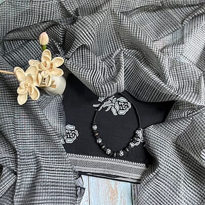 Black Mangalgiri with Rose Handblock Prints